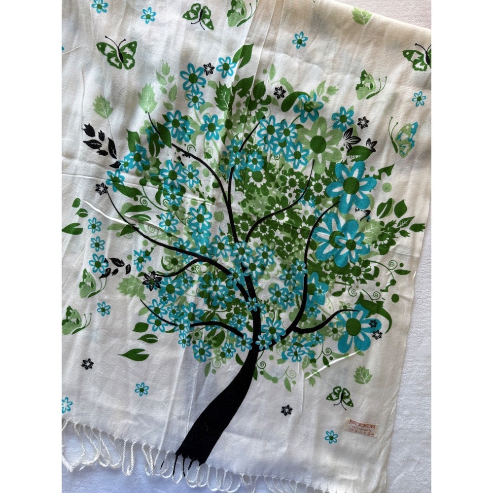 Pashmina 100% Cashmere Large Tree Print Scarf Shawl Cream‎ Green Blue Tassels